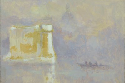 霧に包まれた白い煙突（紙に水彩） 作： モーリス・ルーヴリエ