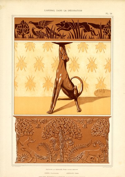 アール・ヌーヴォーの動物モチーフ：犬、キジ、ミツバチ（リトグラフ） 作： Maurice Pillard Verneuil
