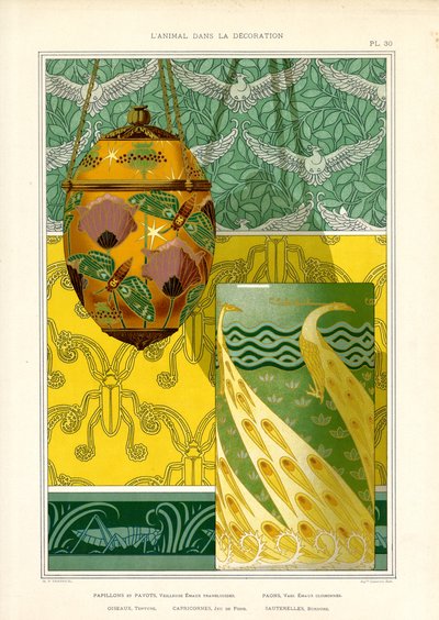 孔雀、蝶、鳩のアール・ヌーヴォー装飾品（リトグラフ） 作： Maurice Pillard Verneuil