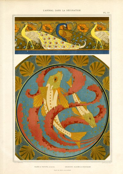 七宝風装飾魚と孔雀のボーダー（リトグラフ） 作： Maurice Pillard Verneuil
