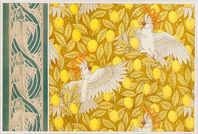 レモンの壁紙オウムとトビウオ、パブの壁紙ボーダーのデザイン。 1897年。 作： Maurice Pillard Verneuil