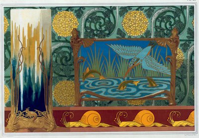 ブロンズ花瓶サポート、壁紙とボーダー、エナメルとブロンズ ジャルディニエール、パブのデザイン。 1897年。 作： Maurice Pillard Verneuil