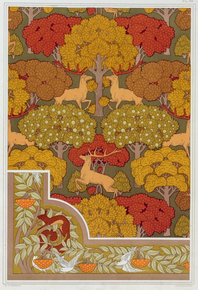 壁紙と壁紙の境界線のデザイン 木の中の鹿、パブ。 1897年。 作： Maurice Pillard Verneuil