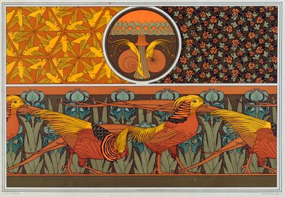 壁紙のボーダーとファブリックのデザイン: 鳥、てんとう虫、乙女の髪のシダ、パブ。 1897年。 作： Maurice Pillard Verneuil