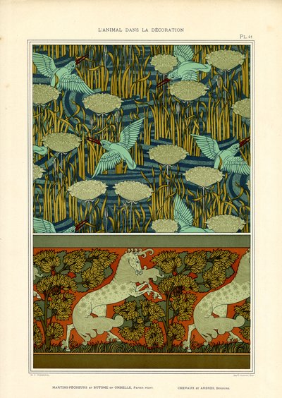 カワセミと睡蓮と馬のフリーズ（リトグラフ） 作： Maurice Pillard Verneuil