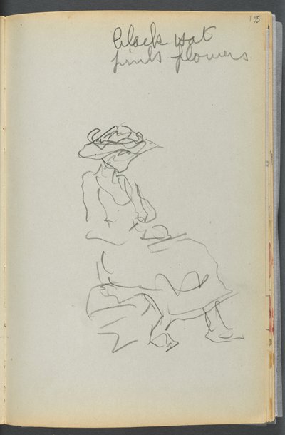 スケッチブック-ロックポート、グラニット・ショア・ホテル、155ページ：座る女性とメモ 作： Maurice Prendergast