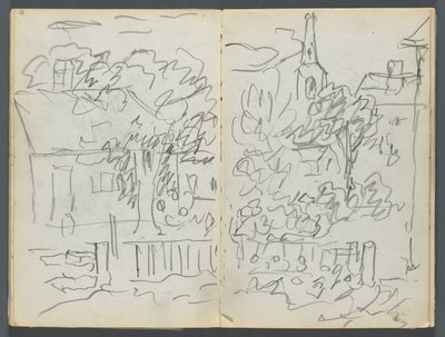 スケッチブック『デルス』127号、084ページと85ページ：家と尖塔のある風景 作： Maurice Prendergast