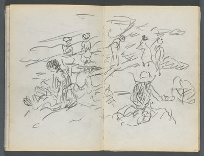 スケッチブック『デルス』127号、100ページと101ページ：浜辺の人物 作： Maurice Prendergast