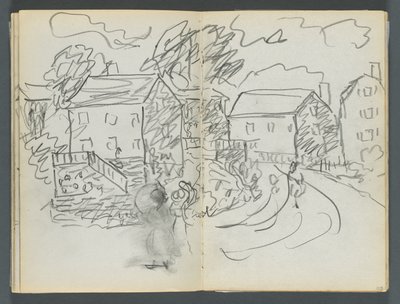 スケッチブック『デルス』127号、102ページと103ページ：家と道のある風景 作： Maurice Prendergast