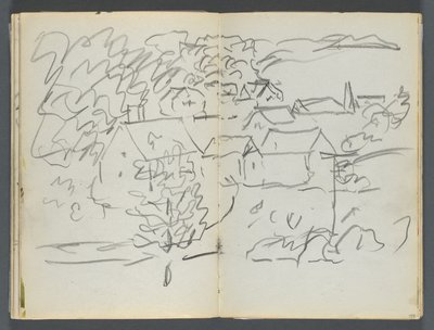 スケッチブック『デルス』127号、108ページと109ページ：家のある風景 作： Maurice Prendergast