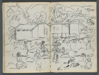 スケッチブック『デルス』127号、114  115ページ：人物と建物のある風景 作： Maurice Prendergast