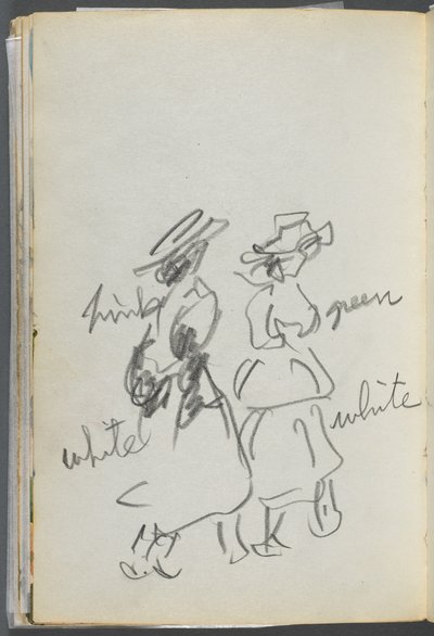 スケッチブック『ザ・デルズ』127号、144ページ：歩く2人の人物、カラー表記あり 作： Maurice Prendergast