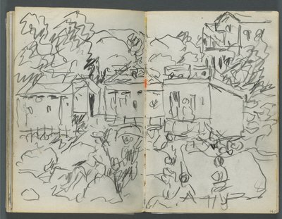 スケッチブック『デルス』127号、146  147ページ：人物と建物のある風景 作： Maurice Prendergast