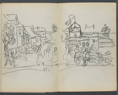 スケッチブック『デルス』127号、174ページと175ページ：家と道のある村 作： Maurice Prendergast