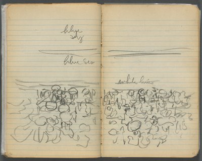 スケッチブック、046ページと47ページ：ビーチの眺め（カラー表記付き 作： Maurice Prendergast