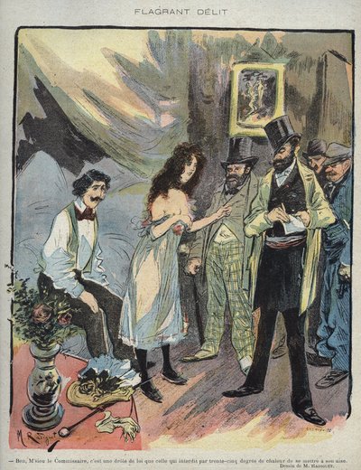 モーリス・ラディゲ（1866-1941）がフランスの雑誌『Le Rire』の1895年第46号に描いたイラスト「Flagrant Delit」（ムッシュー・コミッショナー、暑さ35度で安静にしていてはいけないというおかしな法律です）。 作： Maurice Radiguet
