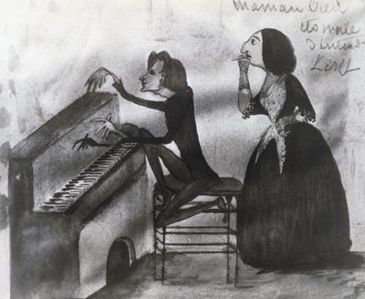 フランツ・リスト（1811-1886）とジョージ・サンド（1804-1876）の風刺画（1832年、ノアンにて） モーリス・サンド（1825-1889）が描いたもの。 作： Maurice Sand