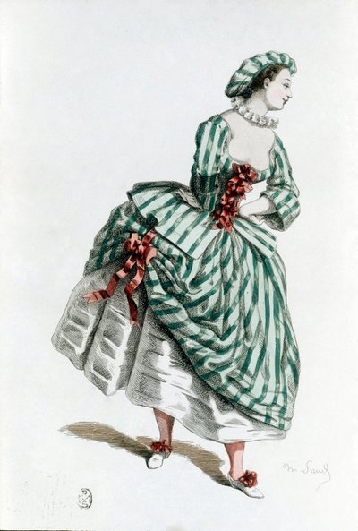 コメディア・デラルテの女性キャラクター、コロンビーヌ（コラリーナ）の衣装と仮面（1855年）。モーリス・サンド（1823-1889）の文と絵による『マスクとブフォン』からのA.マンソーによるエングレーヴィング 19世紀 個人蔵 作： Maurice Sand