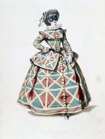 1855年のハーレクインの衣装と仮面、コメディア・デラルテのハーレクインの女性キャラクター。モーリス・サンド（1823-1889）の文と絵、ジョルジュ・サンドの序文による『マスクとブフォン』からのA.マンソーの版画。 作： Maurice Sand