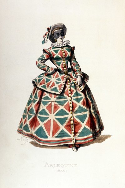 1855年のハーレクインの衣装と仮面、コメディア・デラルテのハーレクインの女性キャラクター。モーリス・サンド（1823-1889）の文と絵、ジョルジュ・サンドの序文による『マスクとブフォン』からのA.マンソーの版画。 作： Maurice Sand