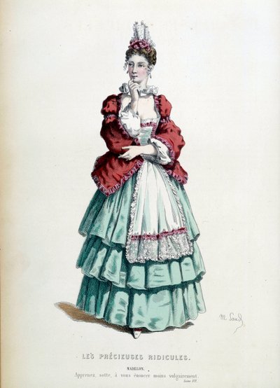 モーリス・サンド（1823-1889）が挿絵を描いたジャン・バティスト・ポケリン（モリエール）作の作品「Les precieuses ridicules」におけるマデロンの衣装。1868.パリ、フランスのコメディー 作： Maurice Sand