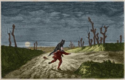 人狼（The werewolf, lupo mannaro）モーリス・サンドの絵の後のエングレーヴィング。1857年のエングレーヴィング。 作： Maurice Sand