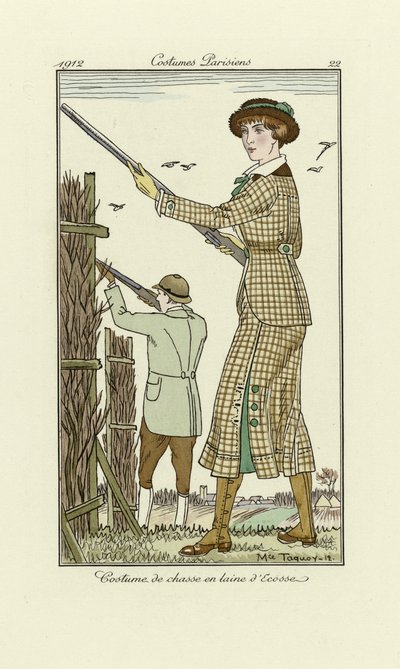 レディースツイードシューティング衣装のデザイン、コスチュームパリジャン、pub.1912（ポチョワールプリント）から 作： Maurice Taquoy
