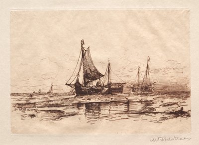 スヘフェニンゲンのビーチでの漁船 作： Maurits Frederik Hendrik De Haas