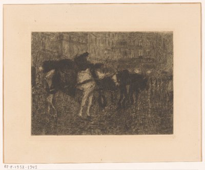 夜の街の広場で馬を運ぶ 作： Maurits Niekerk