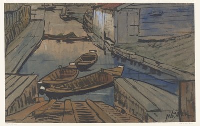 納屋の間の溝のボート 作： Maurits van der Valk