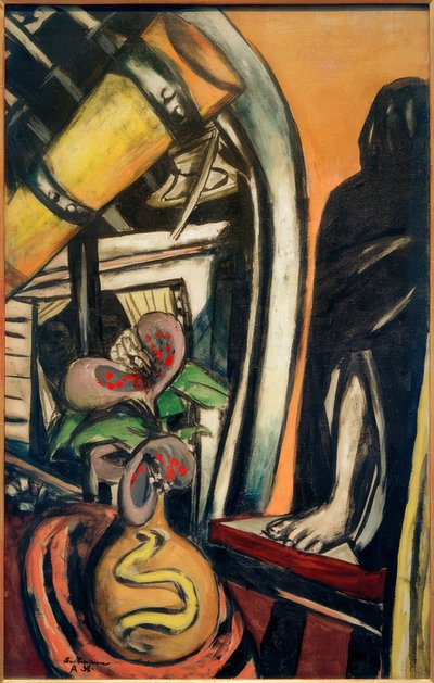 スタジオ（ナイト）です。望遠鏡とヴェールを被った人物のいる静物 作： Max Beckmann