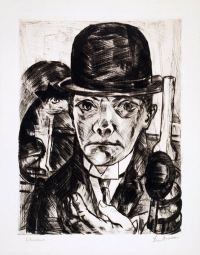山高帽をかぶった自画像。 Max Bechmann (1884-1950) による彫刻 作： Max Beckmann