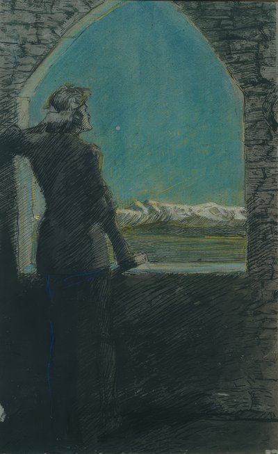 古い壁から遠くを見つめる、花輪をつけた若い男性 作： Max Beckmann