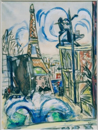エッフェル塔を中心とした建設中の万国博覧会会場の風景 作： Max Beckmann