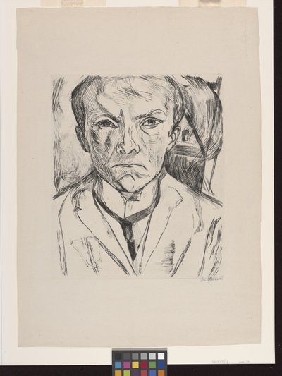 背景の家の切妻と正面の自画像 作： Max Beckmann