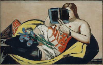 本とアヤメを持つリクライニングした女性 作： Max Beckmann