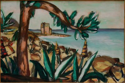 古城とアガベのある海辺の風景 作： Max Beckmann