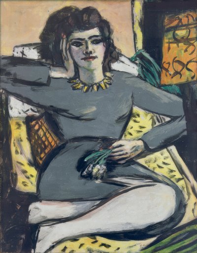 カーネーションを持って休んでいる女性、クアッピの肖像 作： Max Beckmann