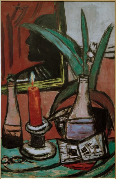 大きな鏡の中の自画像とロウソク 作： Max Beckmann