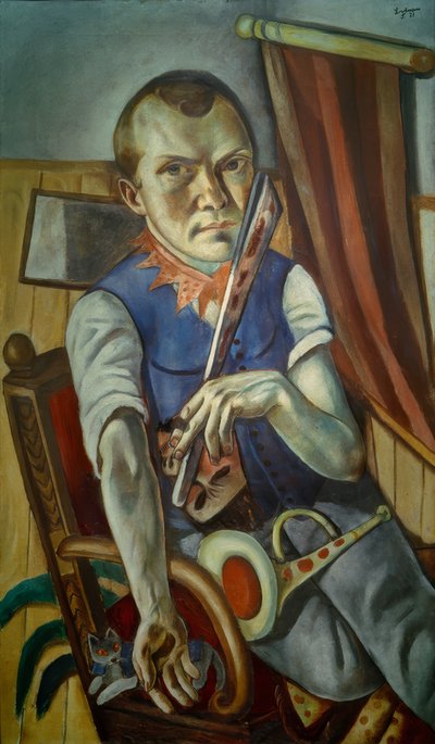 コットとトランペットを持つ自画像（道化師としての自画像 作： Max Beckmann