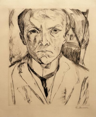 正面からの自画像、背景には家の破風 作： Max Beckmann