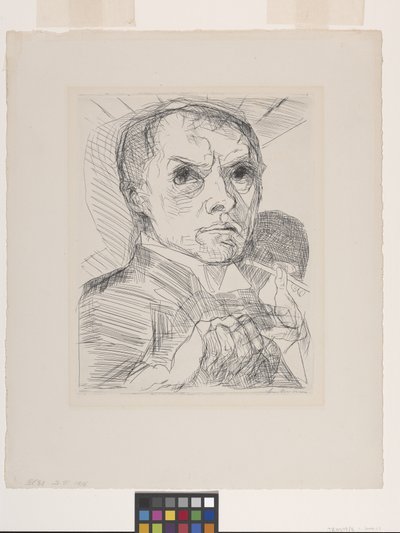 スタイラスを使用した自画像 (オフホワイトのレイド ペーパーにドライポイント) 作： Max Beckmann