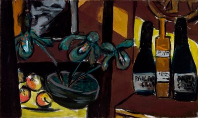 茶色と黄色の静物 (シャンパン ボトルと蘭) 作： Max Beckmann