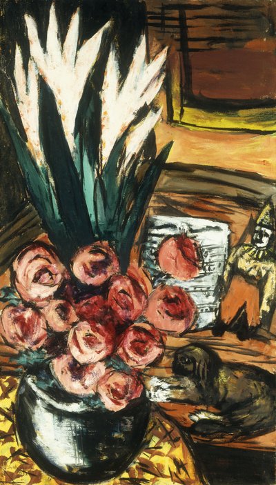 赤いバラとブッチのある静物。 Stillben mit Roten Rosen und Butchy 作： Max Beckmann