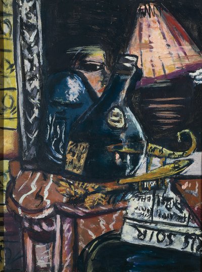 偏ったシュナップスの瓶とブッダのある静物 作： Max Beckmann