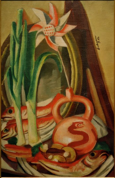 魚と紙の花のある静物画 作： Max Beckmann