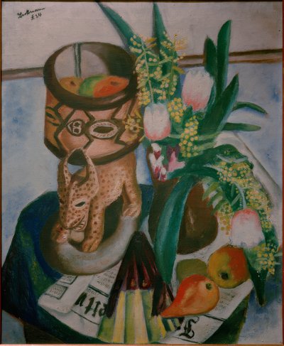 アフリカの彫刻のある静物画 作： Max Beckmann