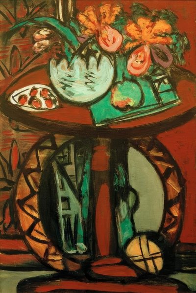 オレンジ・ピンク・オーキッドのある静物画 作： Max Beckmann