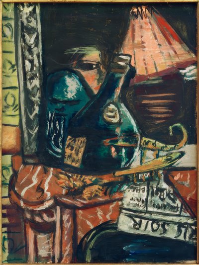 傾いた酒瓶と仏陀のある静物画 作： Max Beckmann