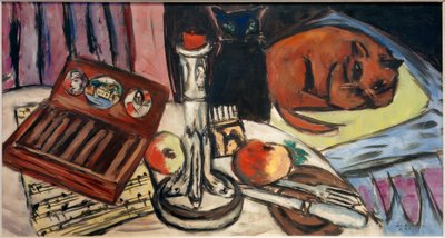 銀の燭台のある静物画（猫のいる静物画 作： Max Beckmann